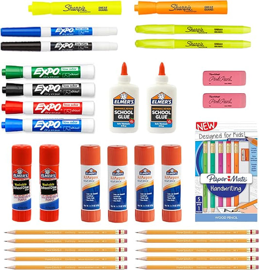 Sharpie School Supplies Variety Pack, My First All in One Pack, Expo, Paper Mate, Elmer’s Glue Sticks, Pourable Glue, Pencils, Dry Erase, Markers, Highlighters, and More, 31 Count