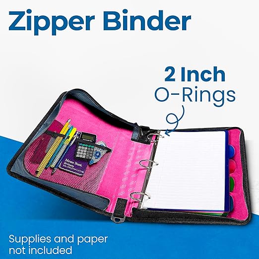 Case-it Classic Zipper Binder | 2-Inch O-Rings, 350 Sheet Capacity, Multiple Storage Pockets & Shoulder Strap | School & Office Organizer | D-251 Magenta | 6 Pack