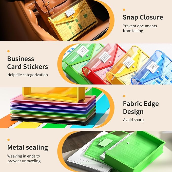 2 Pack Plastic Expanding File Folder, Transparent envelopes with Snap Closure, Fit Letter/A4 Size for School/Office/Home/Hospital, No Dividers, Large Capacity（Black）