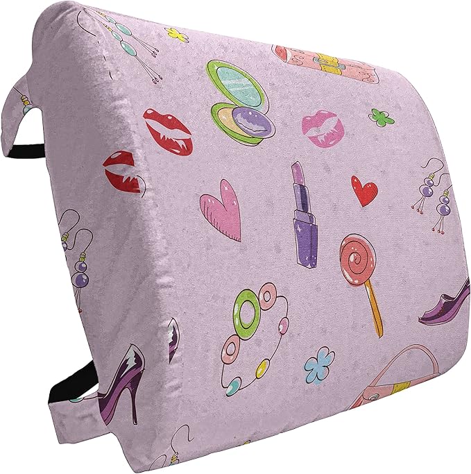 Ambesonne Cartoon Lumbar Back Support Pillow, Girls Illustration with Fashion Accessories and Makeup Lollipop Flower Print, High Density Foam for Office Chairs Car Seats, 14" x 13", Pink Purple