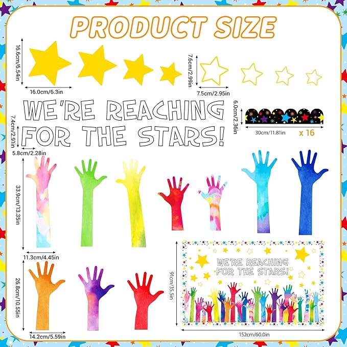 Reach for The Stars Bulletin Board Set Welcome Back to School Bulletin Board Colorful Stars Hands Cutouts for Inspirational Motivational Classroom Decoration Educational Learning Activities Supplies