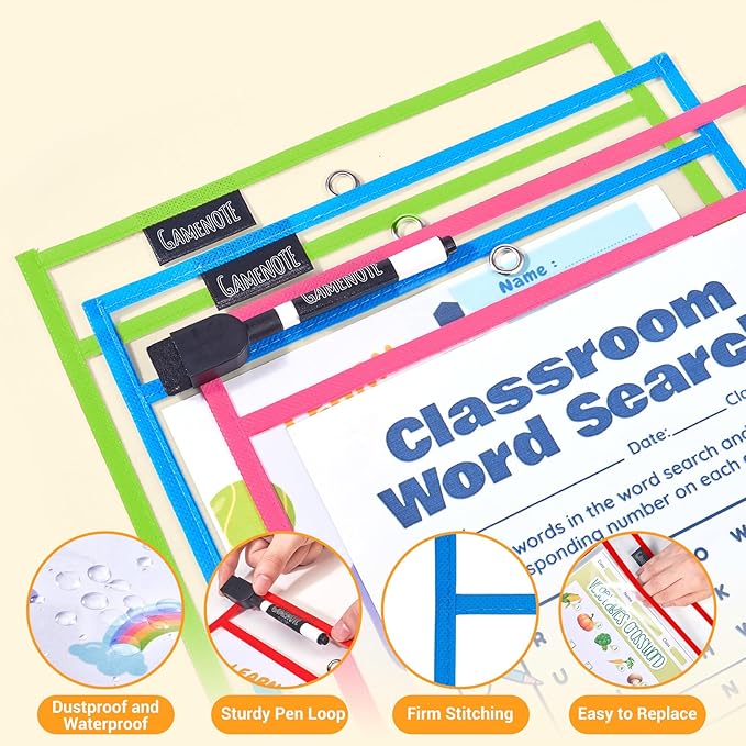 Gamenote 10 Pack Dry Erase Pockets with 5 Rings, 10 Assorted Colors 10x14 Oversized Reusable Plastic Sleeves, Clear Sheet Protectors, Teacher Supplies for Classroom Organization