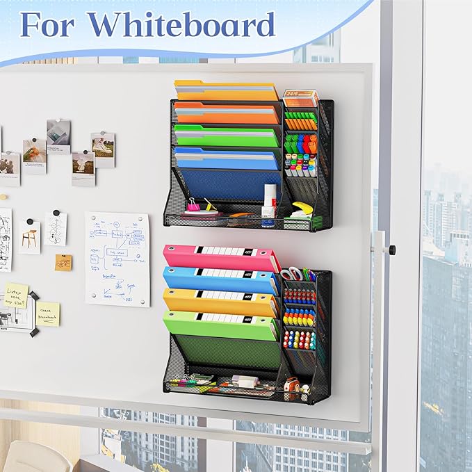 Magnetic File Organizer 5-Tier, No Drilling Installation, Office Magnetic Paper Holder with R-shaped Tray, Wall Hanging File Organizer, Mail Organizer for Refrigerator & Whiteboard & File Cabinet