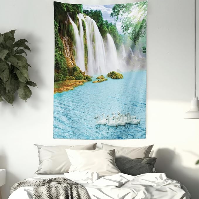 Ambesonne Waterfall Tapestry, Image of a Grand Waterfall with Swans in the Lake Sunny Day Nature Print, Fabric Wall Hanging Decor for Bedroom Living Room Dorm, 30" X 45", White Green