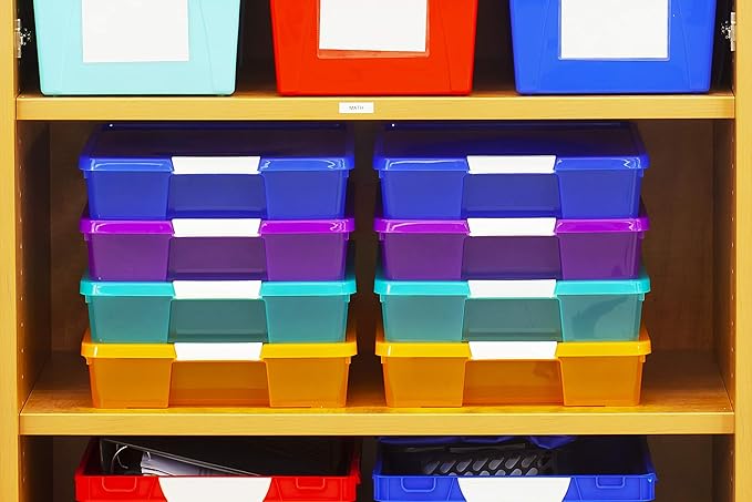 Storex Classroom Student Project Box, Plastic, 15.25 x 13.25 x 3.25 inches , Assorted Tints, 5-Pack (63202U05C), standard sized