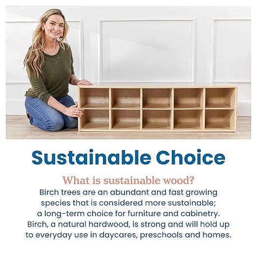 ECR4Kids Streamline 10 Cubby Tray Storage Cabinet, 2x5, Classroom Furniture, Natural
