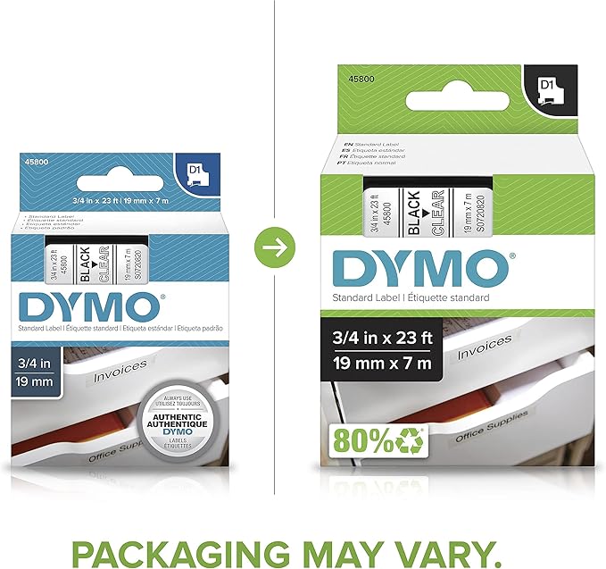 DYMO Standard D1 45800 Labeling Tape (Black Print on Clear Tape, 3/4'' W x 23' L, 1 Cartridge), DYMO Authentic