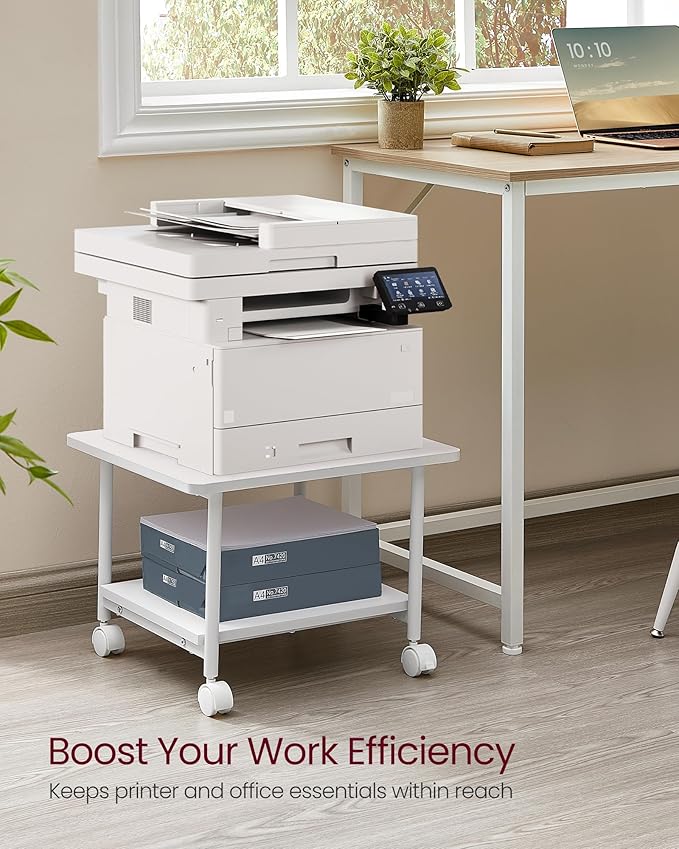 VASAGLE Heavy-Duty Printer Stand with Locking Wheels, 2-Tier Industrial Mobile Cart with Storage Shelf, Under Desk Printer Table for Home, Office, 13.4" Height, White UOPS002W01