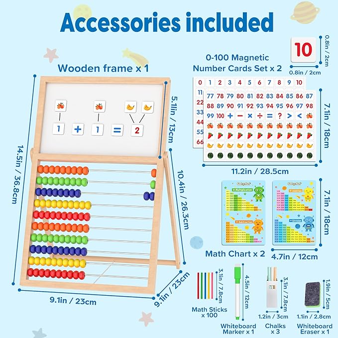 Wooden Abacus for Kids Math - Double-Sided Blackboard Whiteboard for Toddlers with 308 Magnetic Number & Fruit Cards, 100 Counting Sticks Montessori Educational Toys Homeschool Essentials