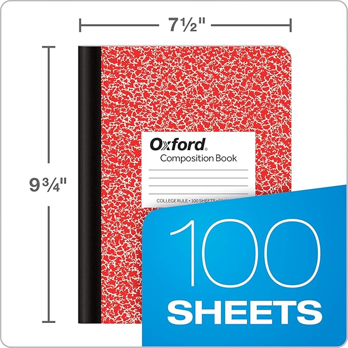 Oxford Composition Notebook,College Ruled Paper,9-3/4 x 7-1/2 Inches,100 Sheets,Assorted Marble Covers. 2 Each: Blue,Green,Red (63763),6 Count (Pack of 4)