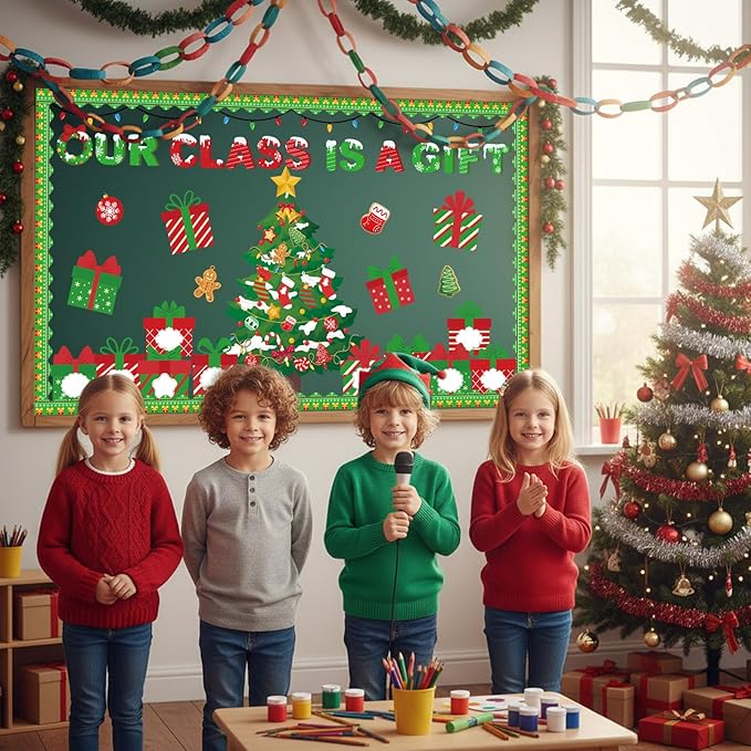 Christmas Bulletin Board Decorations - Christmas Tree Classroom Decorations Set Xmas Gift Box Paper Cutouts Bulletin Board Decor School Chalkboard Office Wall Decor Supplies