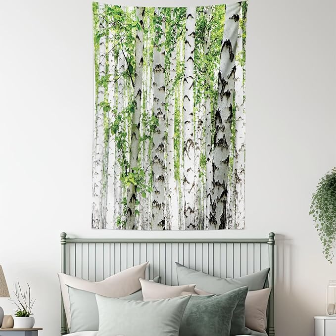 Ambesonne Woodland Tapestry, Birch Trees in The Forest Summertime Wildlife Nature Outdoors Themed Picture, Fabric Wall Hanging Decor for Bedroom Living Room Dorm, 30" X 45", White Green
