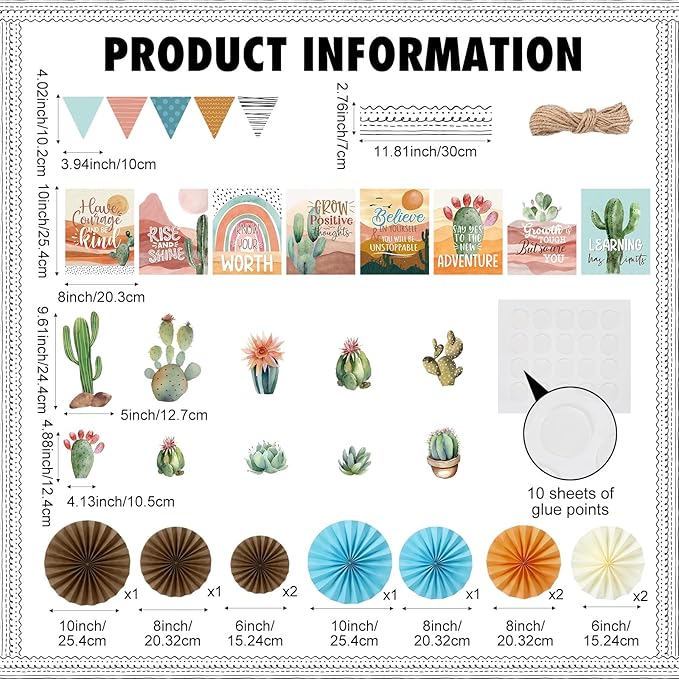 Pajean 62 Pcs Boho Desert Classroom Bulletin Board Decorations with 3D Paper Fans Inspirational Posters Cactus Cutouts Motivational Growth Mindset Bulletin Board for School Classroom Home Decorations