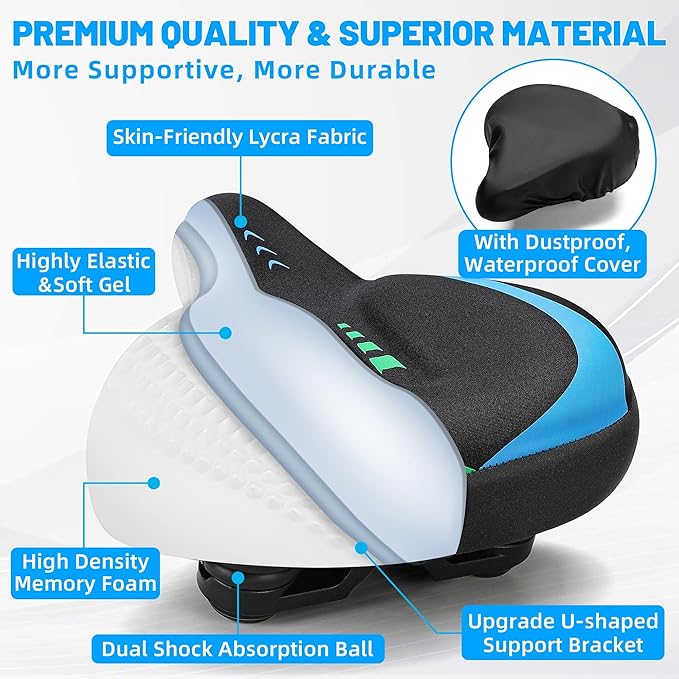 Oversized Bike Seat for Men & Women, Comfortable Gel Padded, Extra Wide Bicycle Seat Cushion Comfort, Replacement Saddle for Peloton, Stationary Exercise Bike, Mountain Bike, Cruiser, City Bike