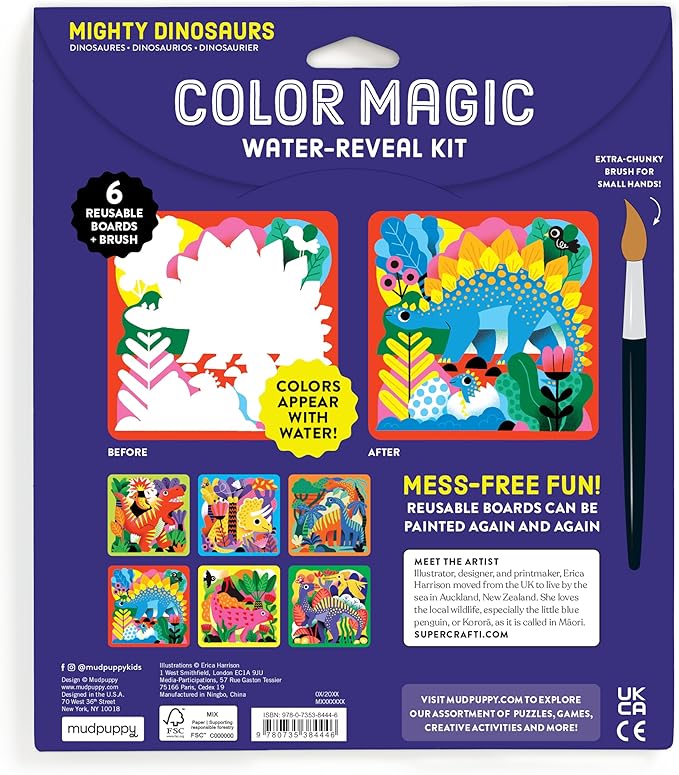 Mudpuppy Mighty Dinosaurs – Color Magic Water Reveal Kit with Illustrations of Prehistoric Dinosaurs for Children Ages 2 and Up