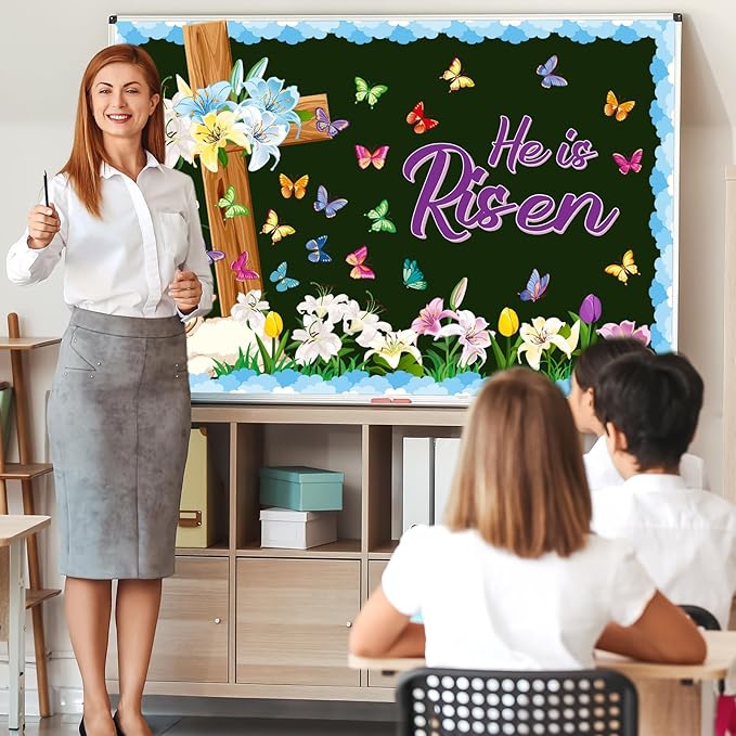 Pajean Easter Bulletin Boards Easter Classroom Decor Christian Religious Bulletin Board He is Risen Cross Bunny Egg Cutouts for Spring School Home Church Wall Door(Butterfly)