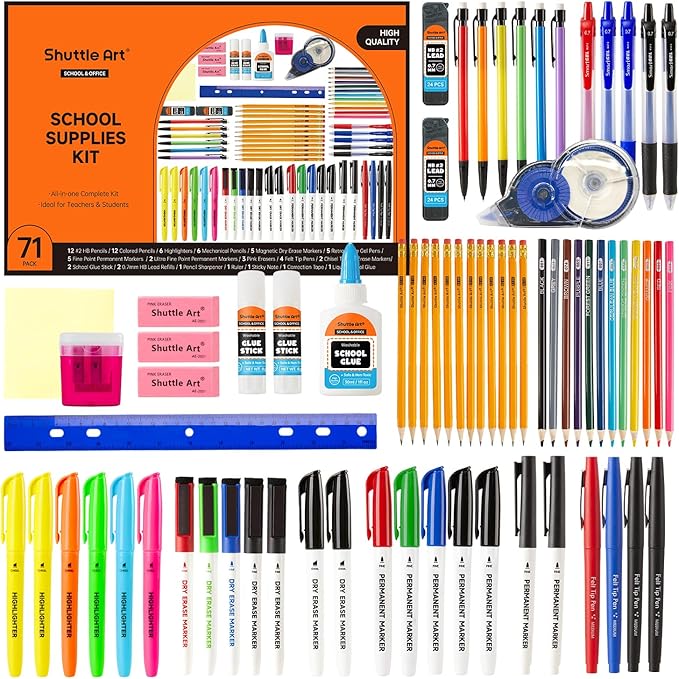 71 Pack School Supplies Kit, Shuttle Art Back to School Supplies for Teachers, Middle High Schools, College School Supplies with Highlighters, Pencils, Gel Pens, Dry Erase Markers, Felt Tip Pens, Glue