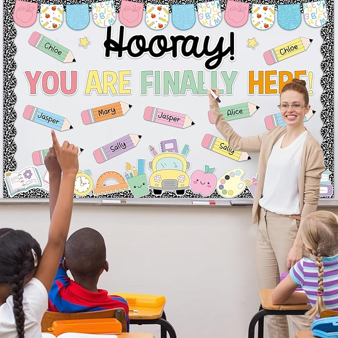Back to School Bulletin Board Decorations Composition Notebook Bulletin Board Set Colorful Notebook Pencil Paper Cutouts Hooray You're Finally Here for First Day of School Classroom Decor Supplies