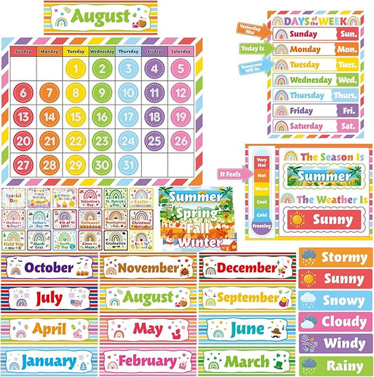 Colorful Classroom Calendar Bulletin Board Set Rainbow Stripes School Calendar Bulletin Board Set for Rainbow Classroom Decoration with Hook and Loop Dots Stickers