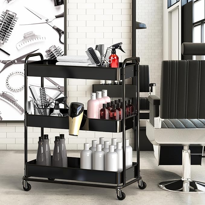 Simple Houseware 26" Extra-Wide 3-Tier Heavy Duty Service Cart, High-Capacity Metal Rolling Organizer for Spa, Salon, Office, and Home Storage, Black