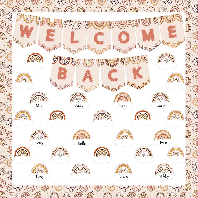 Boho Rainbow Welcome Bulletin Board Decoration Set Welcome Back to School Bulletin Board Cutouts for Party School Classroom Door Bulletin Board Border Craft Home Wall(Boho Rainbow)