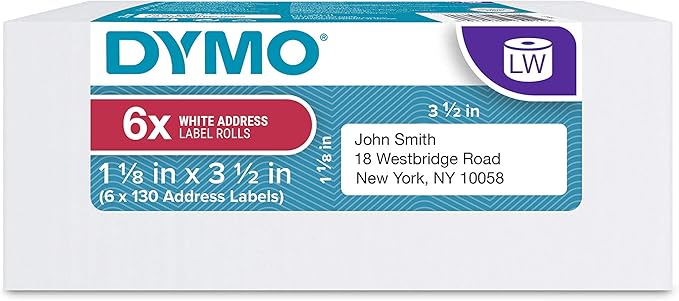 DYMO Authentic LW Mailing Address Labels | DYMO Labels for LabelWriter Label Printers (1-1/8" x 3-1/2"), 6 Rolls of 130 (780 Total)