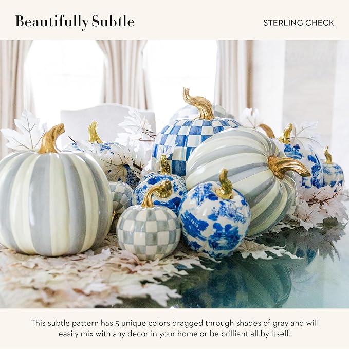 MACKENZIE-CHILDS Small Pumpkin, Resin Halloween Home Decor, Gray-and-White Sterling Check