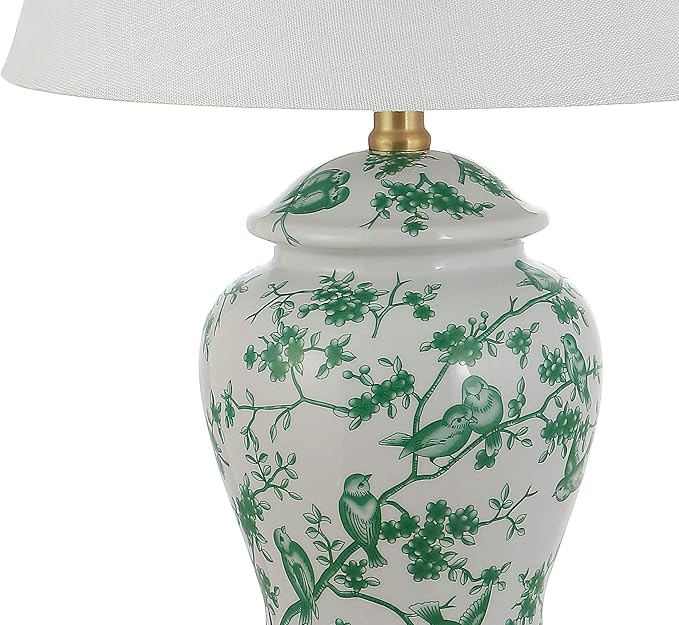 JONATHAN Y 22" White/Green Ceramic Table Lamp, French Country Chinoiserie Ginger Jar LED Bedside Lamp for Living Room Bedroom, White Linen Shade (JYL3005B)