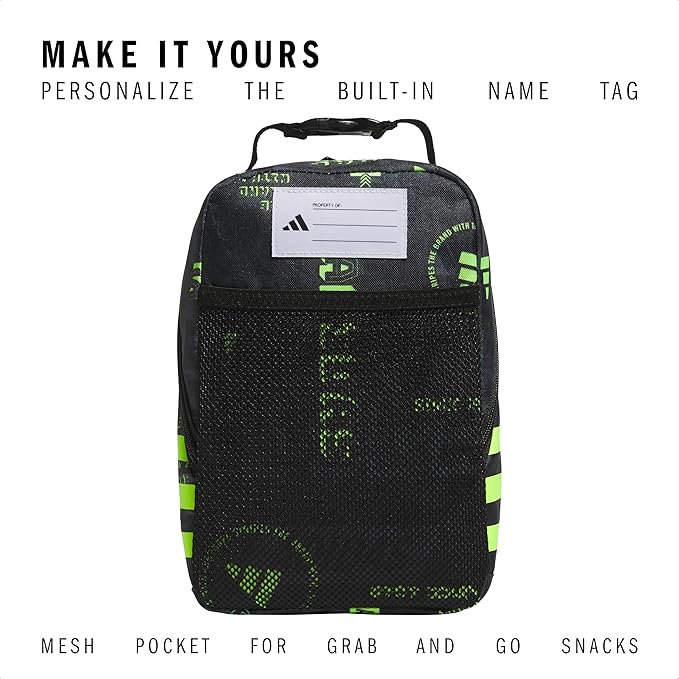 adidas Santiago Lunch Bag Cooler for Women and Men, Insulated Food Container Box with Mesh Pocket, Upscaled Mix-Black/Black/Lucid Lemon Yellow/3.0, One Size