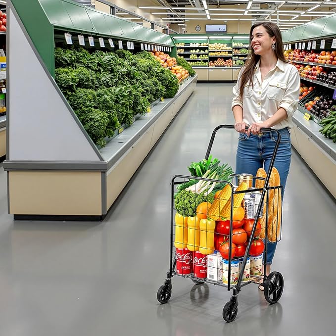 VEVOR Folding Shopping Cart, Jumbo Grocery Cart with Double Baskets, 360° Swivel Wheels, Heavy Duty Utility Cart, 110 LBS Large Capacity Utility Cart for Laundry, Shopping, Grocery, Luggage, Black
