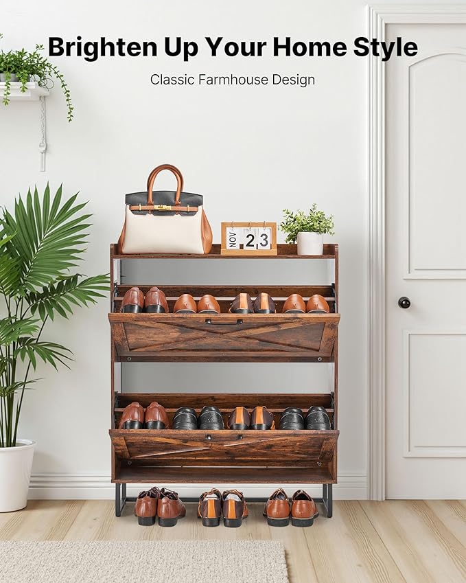 VEVOR Shoe Cabinet with 2 Flip Drawers, Farmhouse Shoes Storage Cabinet with Metal Legs and Anti-Tipping Device, Freestanding Shoe Organizer Ideal for Entryway, Hallway, Bedroom, Living Room, Brown