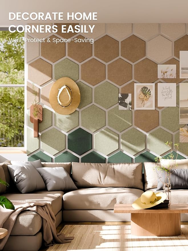 Fluxynara Hexagon Cork Board Alternative for Walls Decor-8-Pack Felt Bulletin Board Tiles,with 30 Pushpins,50 Adhesive Tabs for Office,Classrooms & Home Pin Board Felt Board-Nordic Moss