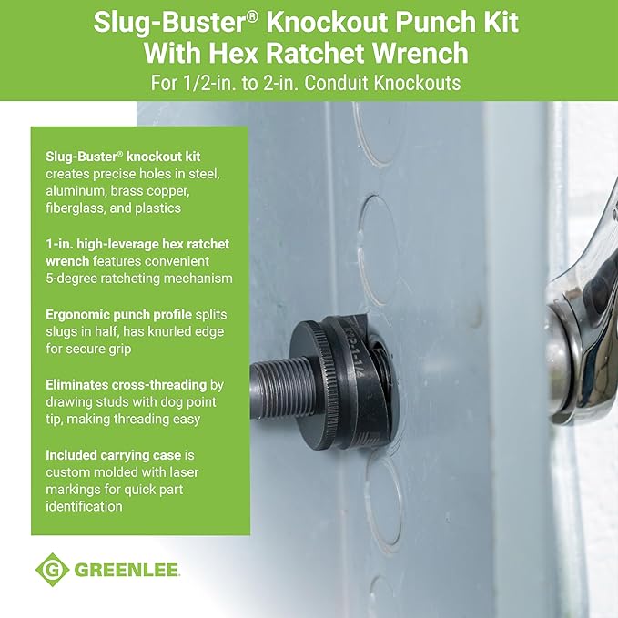 Greenlee 7238SB Slug-Buster Knockout Punch Kit with Hex Ratchet Wrench, 1/2" to 2" Punches, and 7/16" and 3/4" Draw Studs, Electrical Conduit Hole Cutter Kit, Low Carbon Steel
