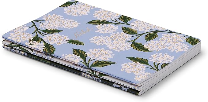 RIFLE PAPER CO. Stitched Notebook Set, 3-Pack Lined Journals with Canvas Paper Cover, Gold Foil Accents & 64 White Ruled Pages, Lay Flat Design | Hydrangea Pattern
