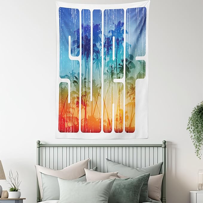 Ambesonne Surf Tapestry, Summer Theme Retro Letters That Reflect the Seacoast Palm Tree Extreme Sports Art, Fabric Wall Hanging Decor for Bedroom Living Room Dorm, 23" X 28", Navy Orange