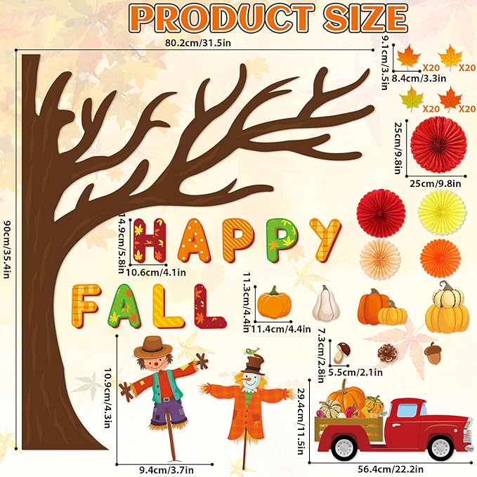 3D Happy Fall Bulletin Board Set Thanksgiving Autumn Classroom Decorations Autumn Tree Maple Leaf Pumpkin Scarecrow 71Pcs Paper Cutouts Fans for September Thanksgiving Chalkboard Home Wall Supplies