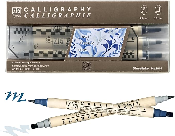 Kuretake Zig Calligraphy Dual Tip Marker Pens 3 colors set, PlatinumBlue, 2mm, 5mm, Double Tip, for Art, Sketch, illustration, Calligraphy, Journal, Drawing, Made in Japan