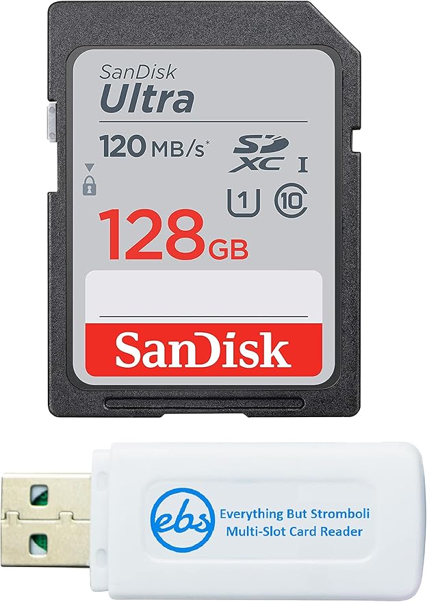 SanDisk 128GB SDXC SD Ultra Memory Card Works with Canon Powershot ELPH 360 HS, SX70 HS, SX620 HS Camera UHS-I (SDSDUN4-128G-GN6IN) Bundle with (1) Everything But Stromboli Combo Card Reader