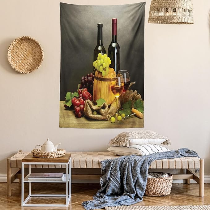 Ambesonne Winery Tapestry, Cask Bottles and Glasses of Wine and Ripe Grapes on Wooden Table Picture Print, Fabric Wall Hanging Decor for Bedroom Living Room Dorm, 30" X 45", Grey Taupe