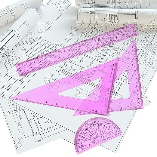 Coopay 12 Inch Math Geometry Tool Plastic Ruler Square Set Includes Straight Ruler, Triangles, Protractor for Student School Office Supplies (Pinkish-Purple)