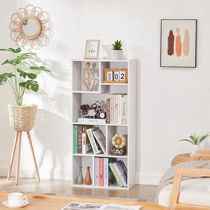 VECELO 42" Modern White Bookshelf, 7 Cube Organizer Bookcase,Fits Tallest Hardcovers, Horizontal Available,Floor Standing Display,Easy Assembly,White
