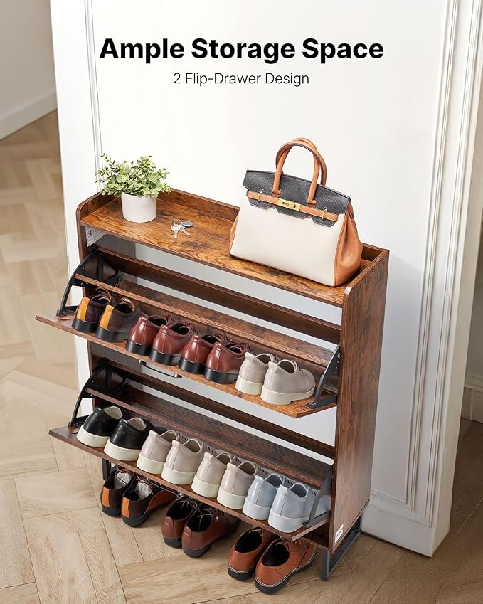VEVOR Shoe Cabinet with 2 Flip Drawers, Farmhouse Shoes Storage Cabinet with Metal Legs and Anti-Tipping Device, Freestanding Shoe Organizer Ideal for Entryway, Hallway, Bedroom, Living Room, Brown