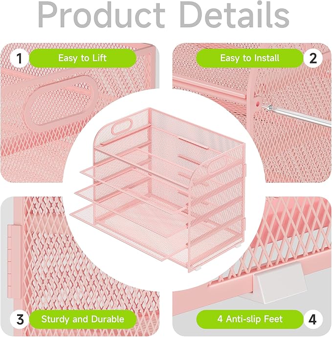 2 Pack 5 Tier Paper Organizer, Letter Tray with Handle, Mesh Desk Organizer, Metal File Organizer, Office Desk Accessories for Home, Office, Classroom, School -Pink