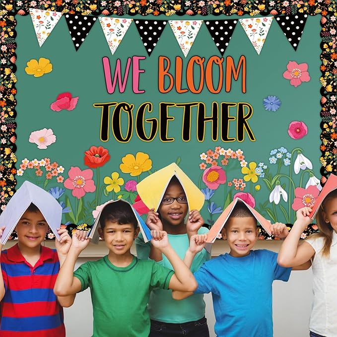 Flower Classroom Bulletin Board with Borders Floral Bulletin Board Set Colorful Wild Flower Spring Bulletin Board Decorations We Bloom Together Cutouts Classroom Back to School Supplies Wall Decor