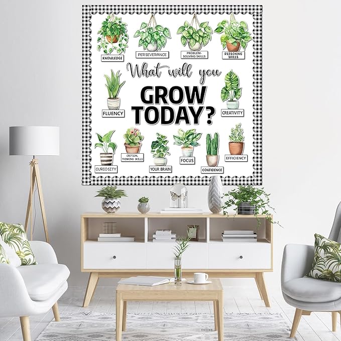 Spring Greenery Potted Plant Bulletin Board Set Motivational Eucalyptus Classroom Decorations What Will You Grow Today Positive Paper Cutouts for Back to School Chalkboard Wall Door Teacher Decor