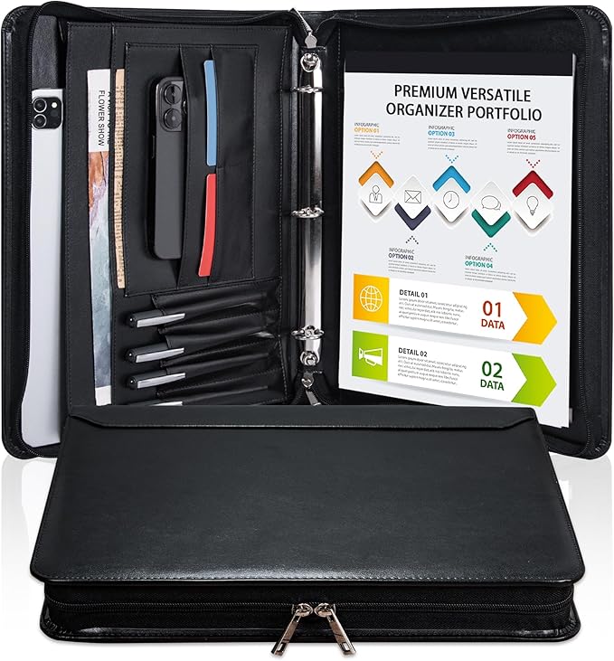 Black Vegan Leather Binder Portfolio for Women and Men,3 Ring Portfolio Binder with Zipper, A4 Planner Padfolio with Laptop Pocket,Legal Size Folio,Work padfolio Organizer for Women