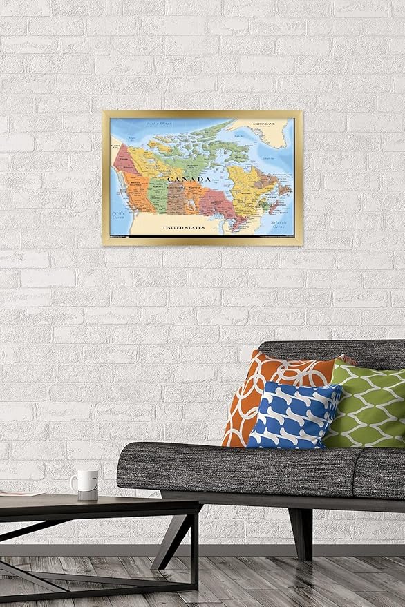 Map - Canada Wall Poster, 22.4L" x 14.7W", Gold Framed Version