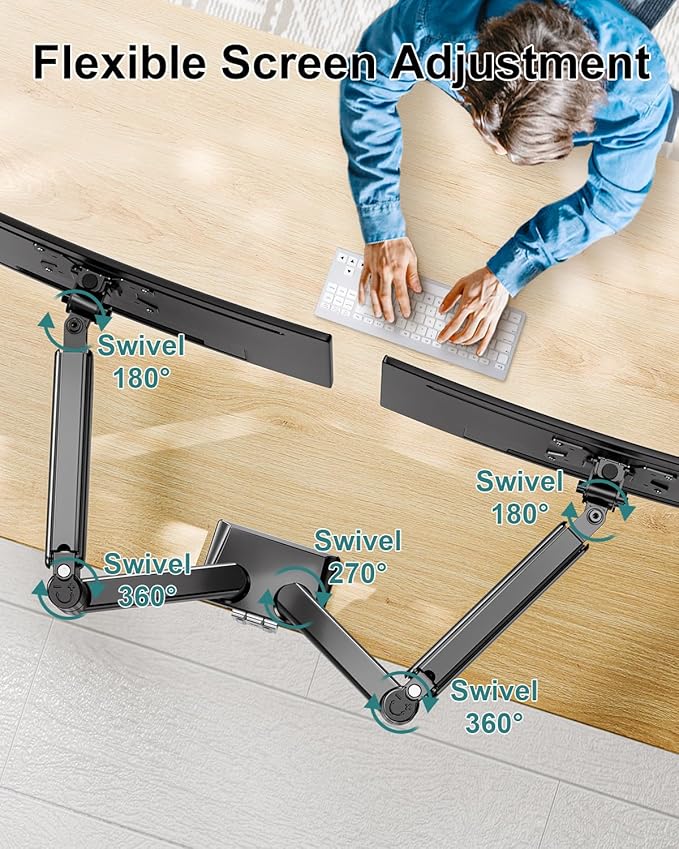 Dual Monitor Arm Desk Mount Fits 13 to 32 inch Computer Screens, Holds 4.4 to 22lbs Display VESA Mount, Adjustable Double Monitor Stand with Clamp/Grommet Base, 75/100mm Bracket, Black, Freelift