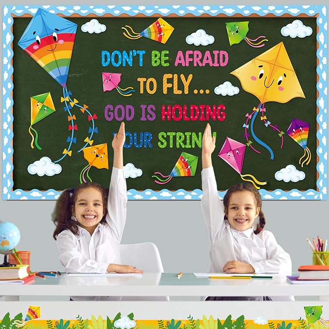 Pasimy Kite Bulletin Board Decorations Set Back to School Classroom Decor Motivational Religious Christian Cutouts Cloud Bulletin Board Borders for Summer Sunday School Home Office Wall Door Supplies