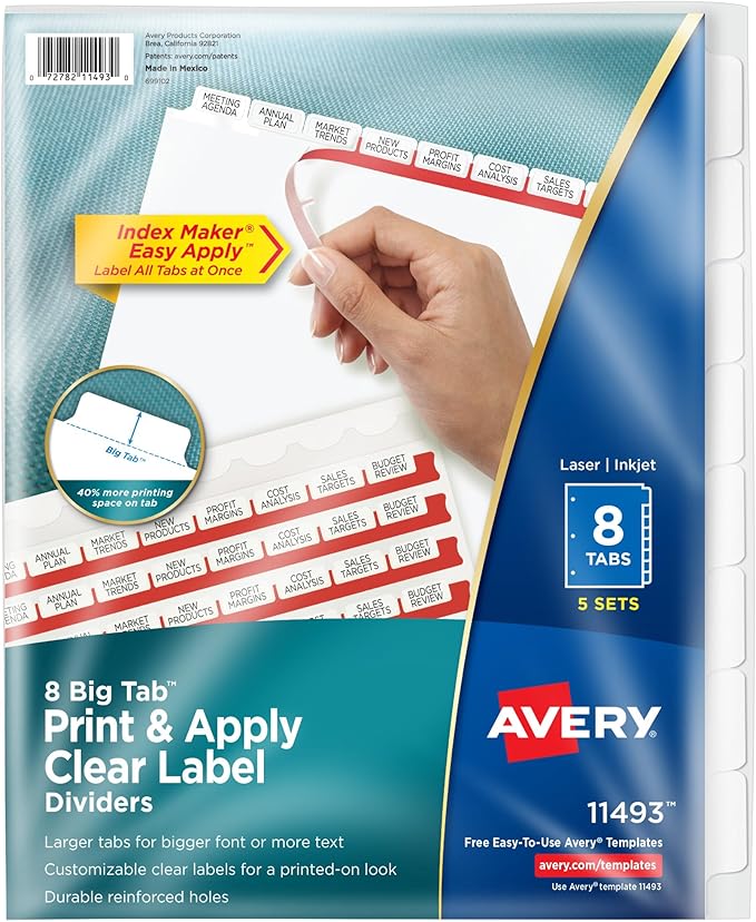Avery 8 Big Tab Dividers for 3 Ring Binder, Easy Print & Apply Clear Label Strip, Index Maker Customizable White Tabs, 5 Sets (11493)
